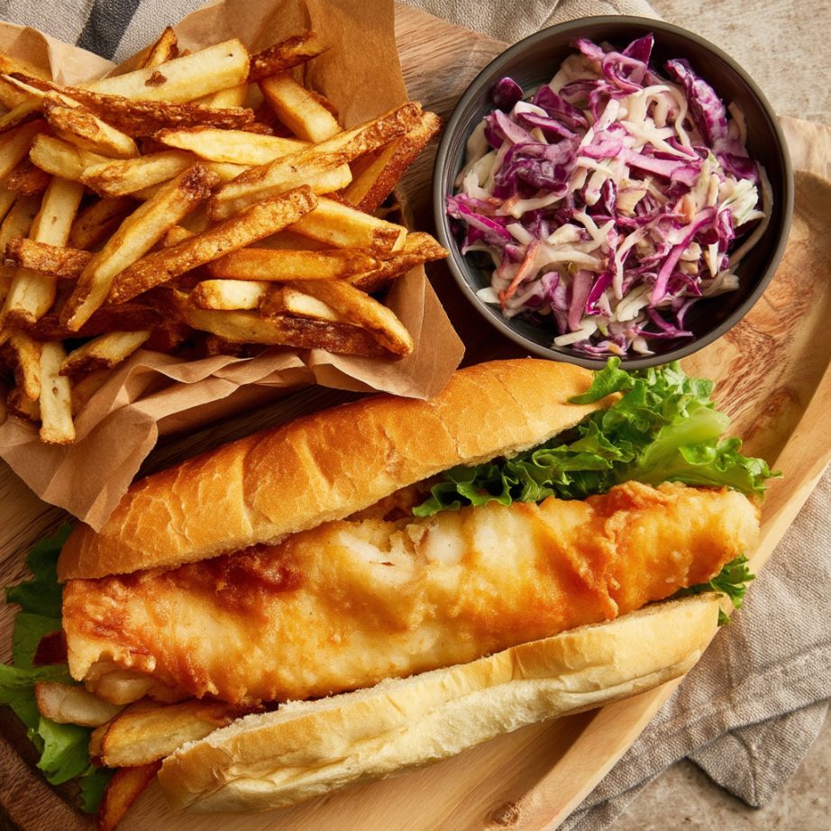 Cornmeal-crusted catfish platter with hush puppies and coleslaw