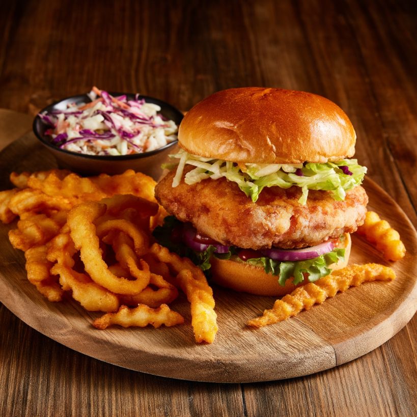 Fried Chicken Sandwich — crispy chicken with pickles and comeback sauce on brioche bun