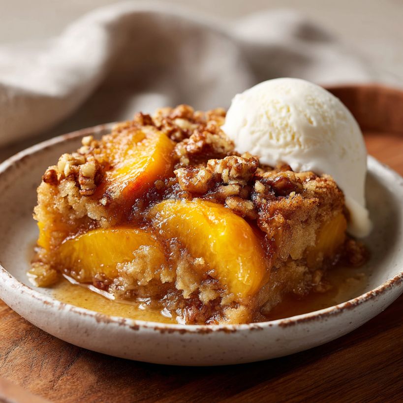Peach Cobbler — Georgia peaches with buttery biscuit crust served warm